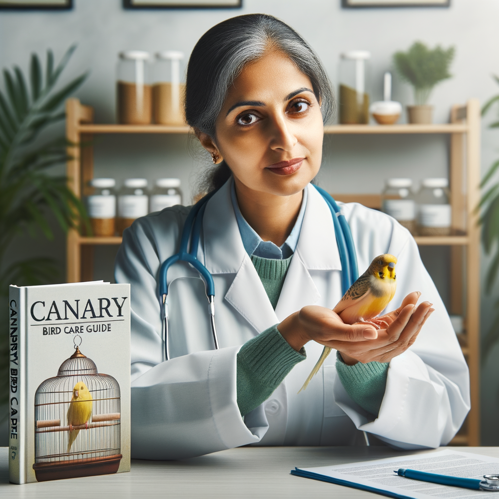 Veterinarian demonstrating canary care tips and safety measures for canaries, using a 'Canary Bird Care Guide' to emphasize safe handling of canaries and the importance of guidelines for canary safety.