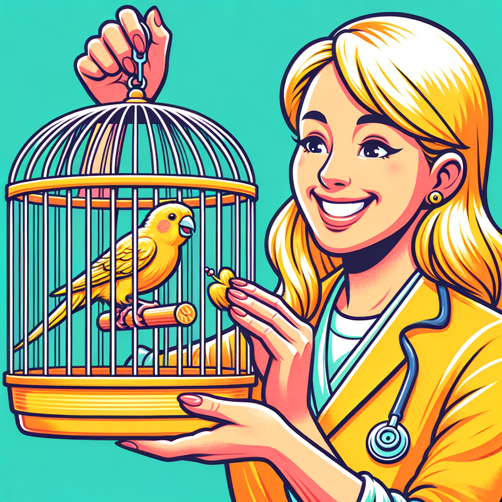 Joyful individual experiencing the benefits of canary ownership, providing loving canary care to a bright yellow pet bird in a well-maintained cage, highlighting the advantages and pet bird ownership benefits.