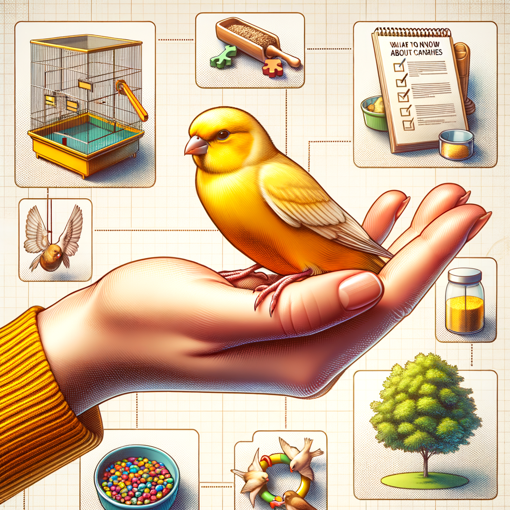 Vibrant canary bird perched on a hand, with canary bird care essentials and 'What to Know About Canaries' guidebook in the background, illustrating the pet canary adoption process and tips for preparing for pet canary ownership.