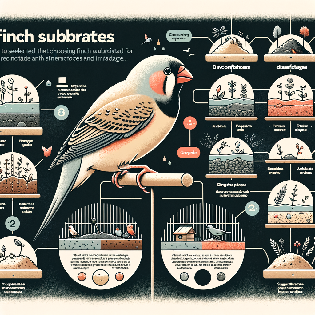 Infographic illustrating Finch Substrate Selection process, including types, recommendations, and care tips, with a finch on a cage symbolizing the importance of choosing the right Finch Cage Substrate.