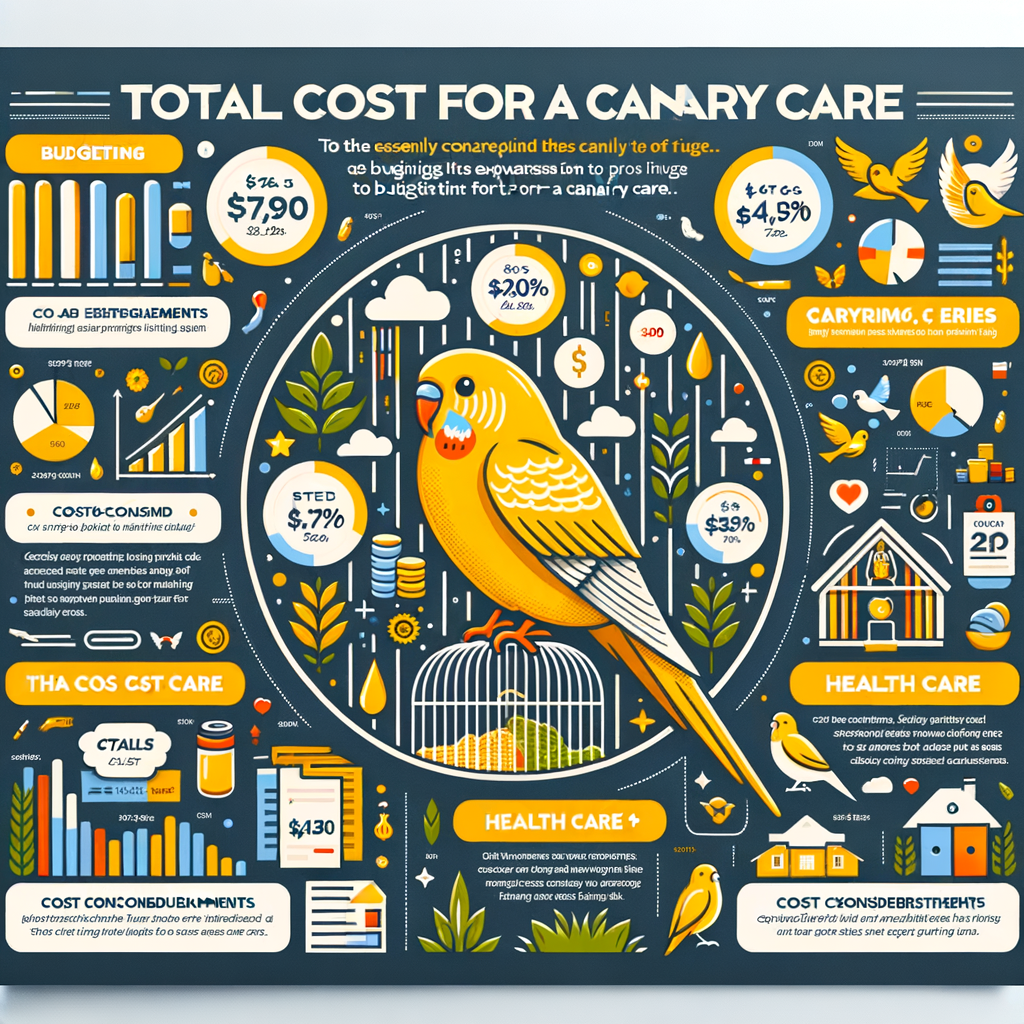 Infographic illustrating canary care costs, emphasizing budgeting for pet birds, understanding canary maintenance expenses, feeding, health care, and housing costs for owning a canary.