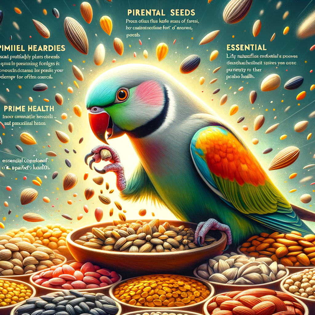 Healthy parakeet pecking at essential seeds, demonstrating the importance of seeds in a parakeet diet for optimal parakeet health and nutrition, with background text providing parakeet health tips and diet essentials.