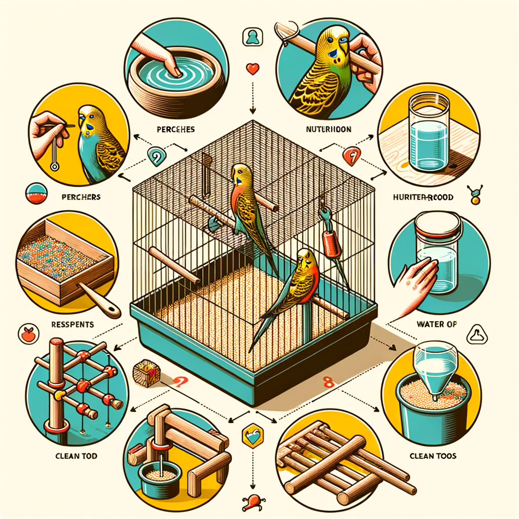Professional illustration of a bird habitat setup process, demonstrating bird cage setup essentials for creating a safe bird environment, emphasizing bird habitat safety tips and the importance of a bird's safe space.