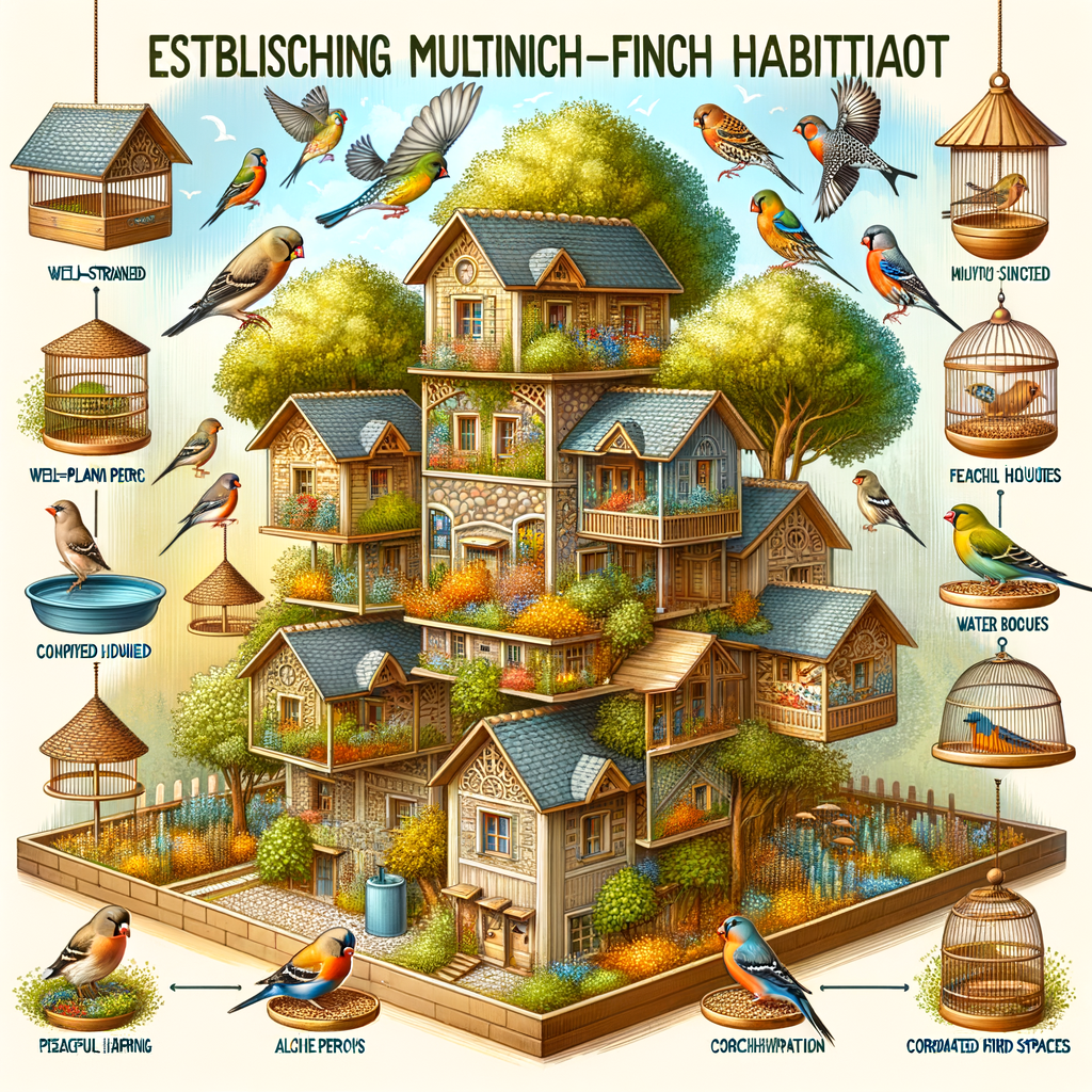 Harmonious bird housing showcasing multi-finch living environment and finch cohabitation solutions, illustrating effective finch housing strategies for creating finch harmony in a multi-bird housing setting.