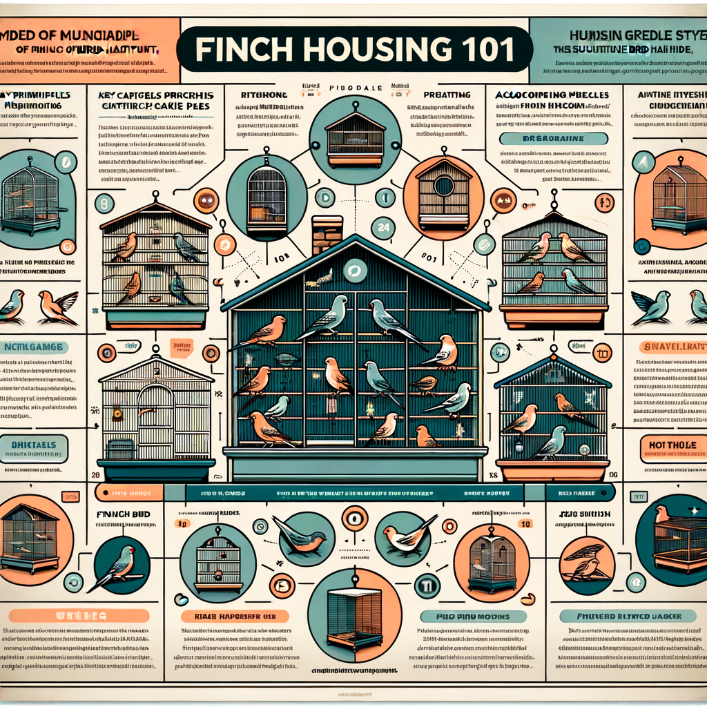 Infographic illustrating various styles of finch bird cages, key finch bird housing requirements, tips for housing multiple finches, elements of a finch bird habitat, and pointers from a finch bird care guide in a 'Bird Housing 101' format.