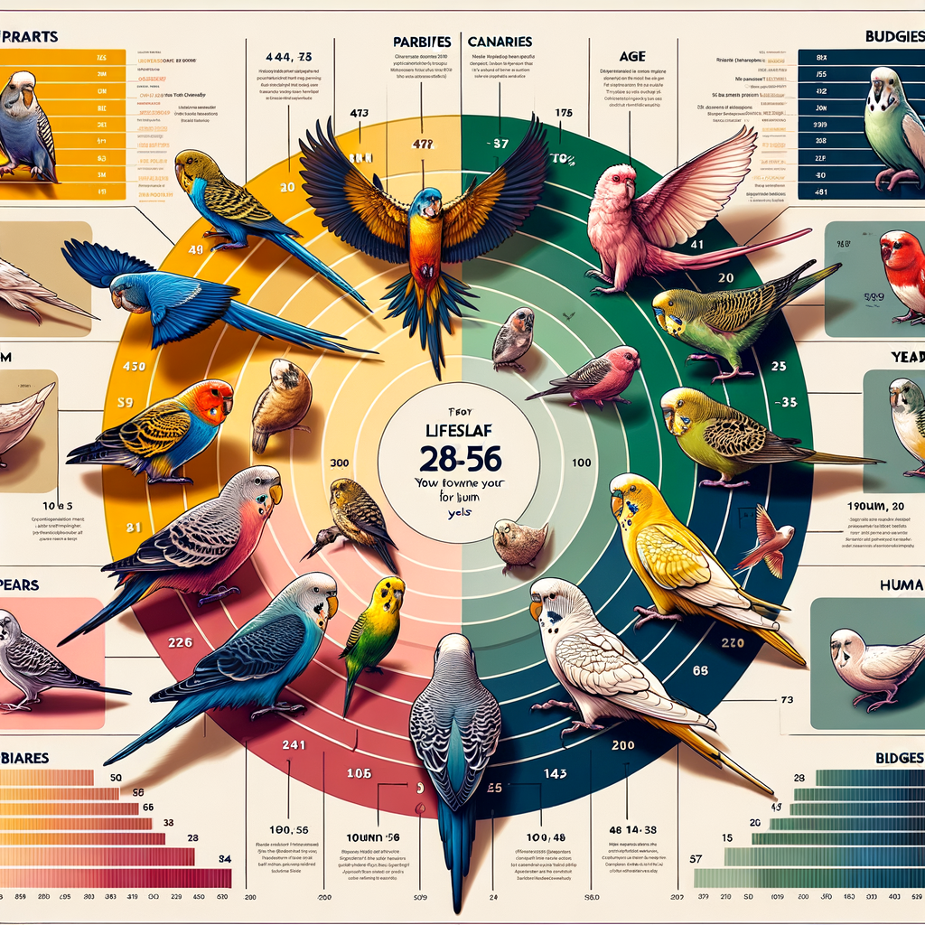 Infographic comparing bird lifespan of popular pet birds like parrots, canaries, and budgies to human years for understanding bird age and life expectancy