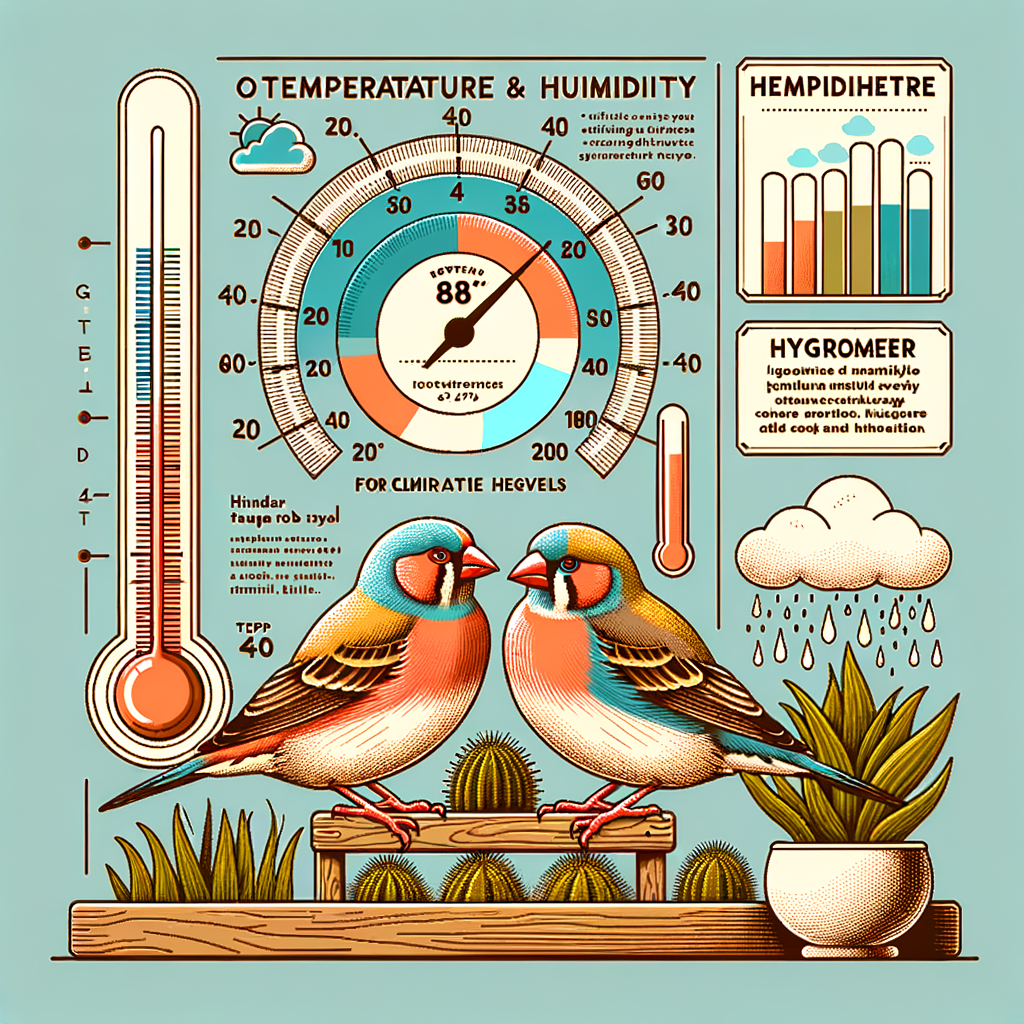 Infographic illustrating finch climate control, temperature insights for finches, and humidity levels for finches with care tips, highlighting finch habitat temperature and humidity requirements for maintaining optimal finch climate.
