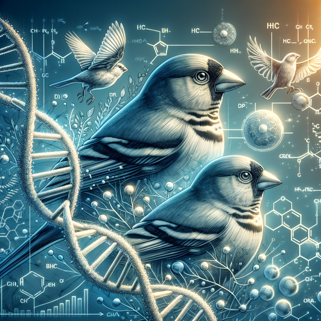 Professional illustration of Finch DNA structure highlighting unique genetic traits of Finch species, symbolizing Finch genetic research and breeding for understanding Finch genetics and unraveling the basics of Finch genetics.