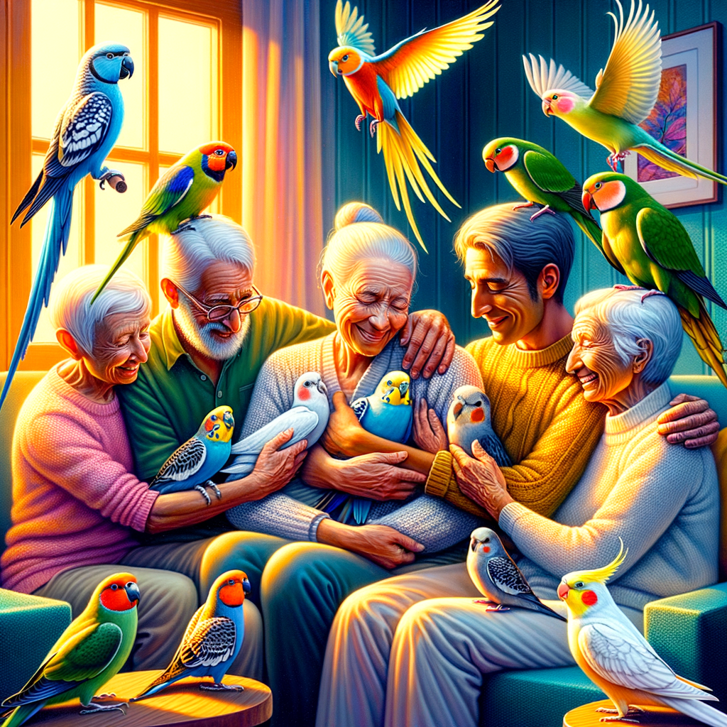 Affectionate bird species like parrots and cockatiels showing bird affection and pet bird behavior, illustrating the emotional bond with birds in a domestic setting for an article on 'Feathered Cuddle Buddies: Do Birds Like Affection?