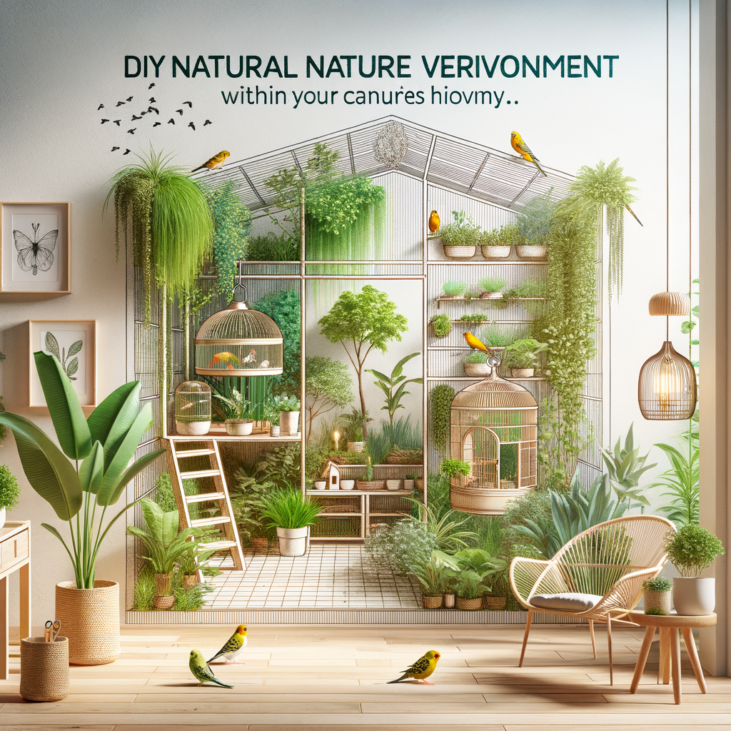 DIY natural habitat for canaries in an eco-friendly home, showcasing sustainable living through indoor nature environment, green living spaces, and home gardening for a natural living lifestyle.