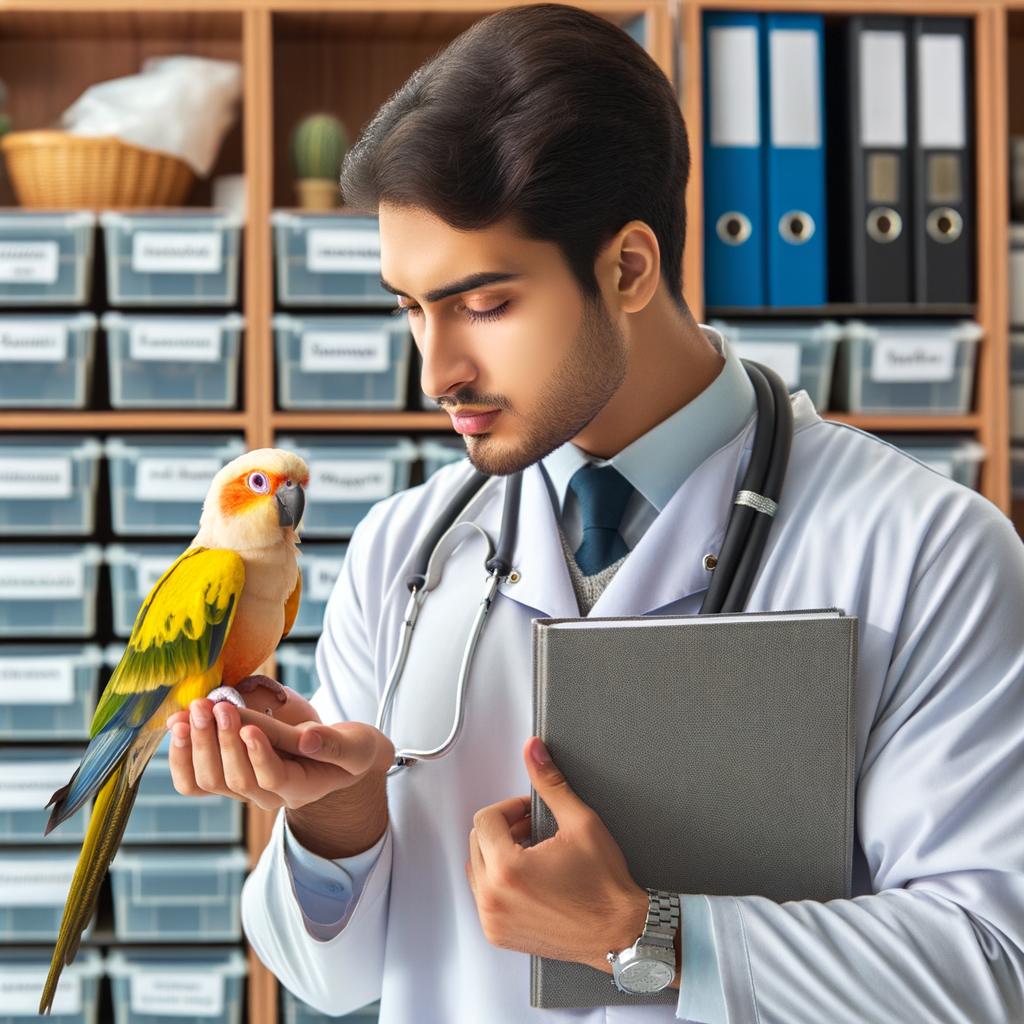 Veterinarian demonstrating basic bird care and feathered pet care techniques on a vibrant parrot in a clean avian health clinic, emphasizing the importance of maintaining bird health and wellness for your feathered friend