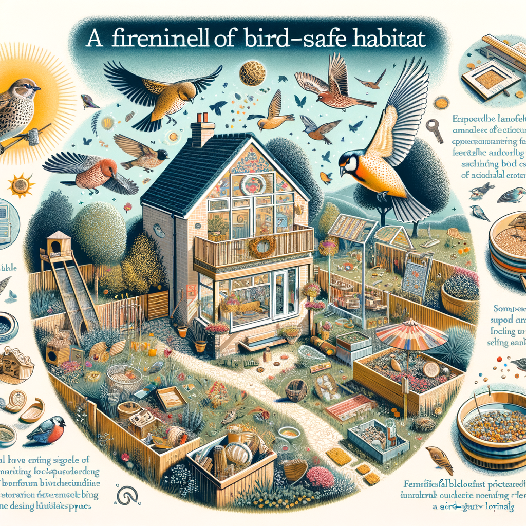 Illustration of a safe bird habitat with bird safety tips and cues for creating a bird-friendly environment, promoting healthy bird habits and bird care habits for a healthy environment for birds.