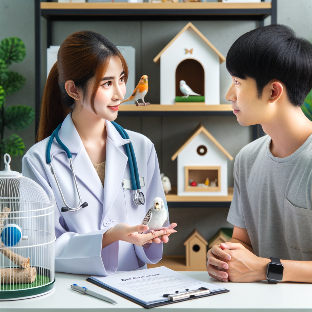 Veterinarian providing bird safety tips and essential bird care guidelines to a bird owner in a clinic, demonstrating bird protection measures and safe bird handling, with a 'Bird Safety for Pet Owners: Bird Care 101' guidebook, ensuring bird safety at home.