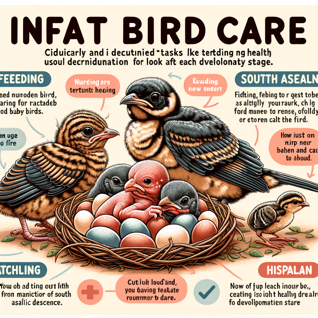 Comprehensive baby bird care guide illustrating newborn bird care, feeding and health tips for raising young birds, and specific care instructions for fledgling and hatchling birds.
