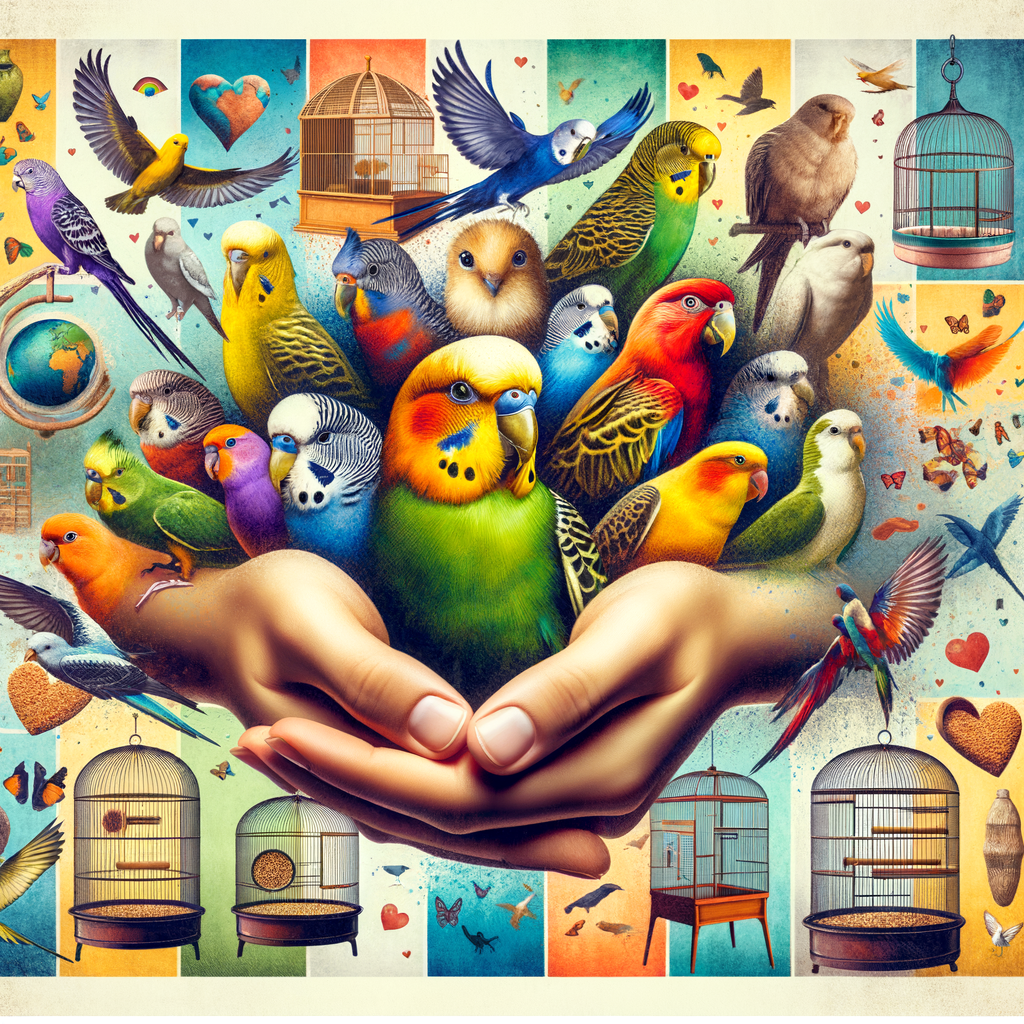 Collage of popular pet bird species including parakeets, cockatiels, and exotic breeds, illustrating best birds for pets, types of pet birds, and pet bird care for beginners choosing a pet bird.