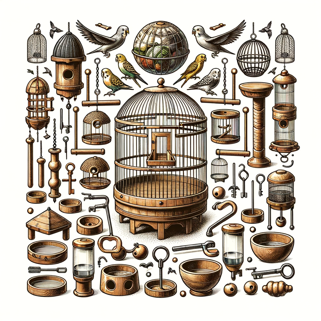 An illustration of bird cage essentials such as perches, feeders, and toys, highlighting the must-have bird cage features and bird home design essentials for the best bird home necessities.