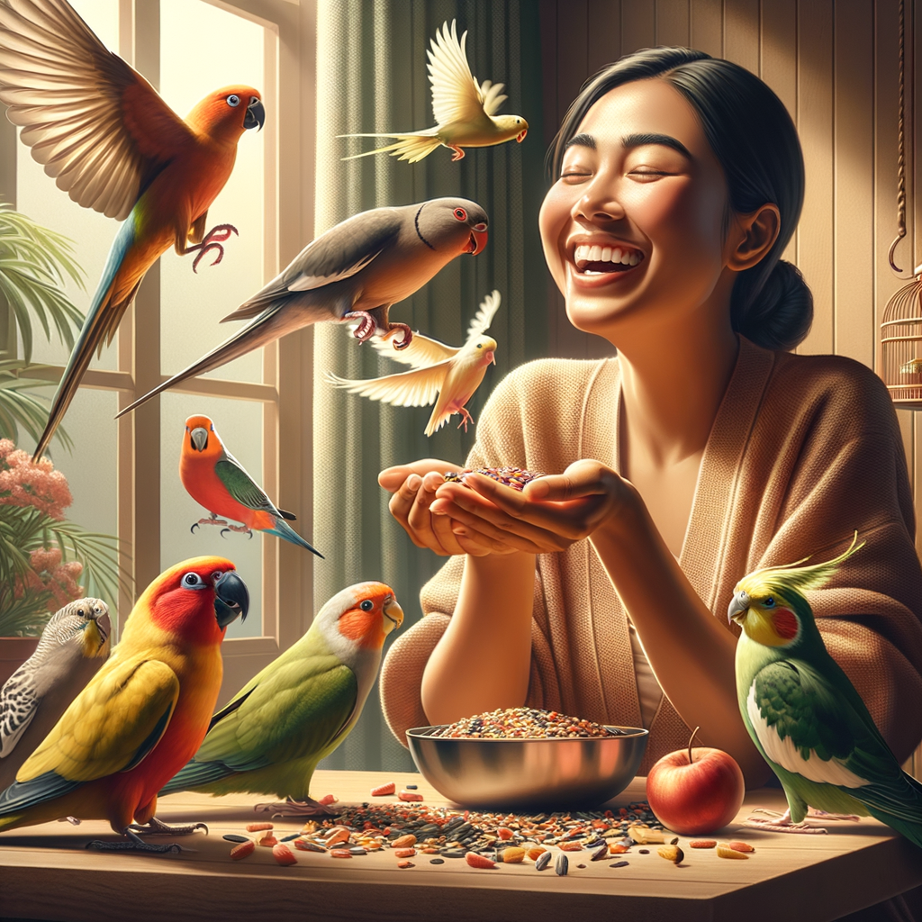 Joyful bird owner experiencing the benefits and pleasures of bird ownership, highlighting the advantages of owning birds as pets in a serene home setting