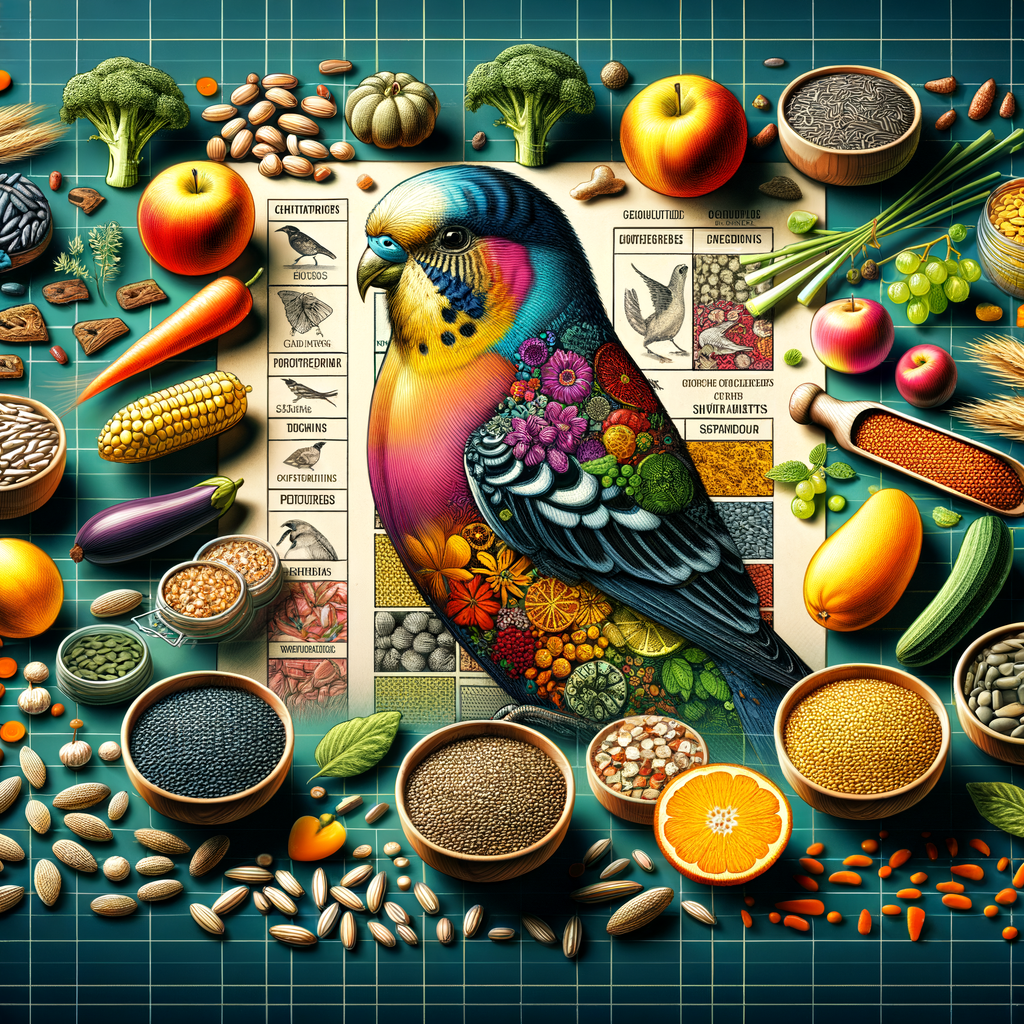 Bird diet and nutrition guide showcasing a balanced diet for birds with healthy bird food options like seeds, fruits, vegetables, and bird food supplements, highlighting the essential nutrients for birds' health.