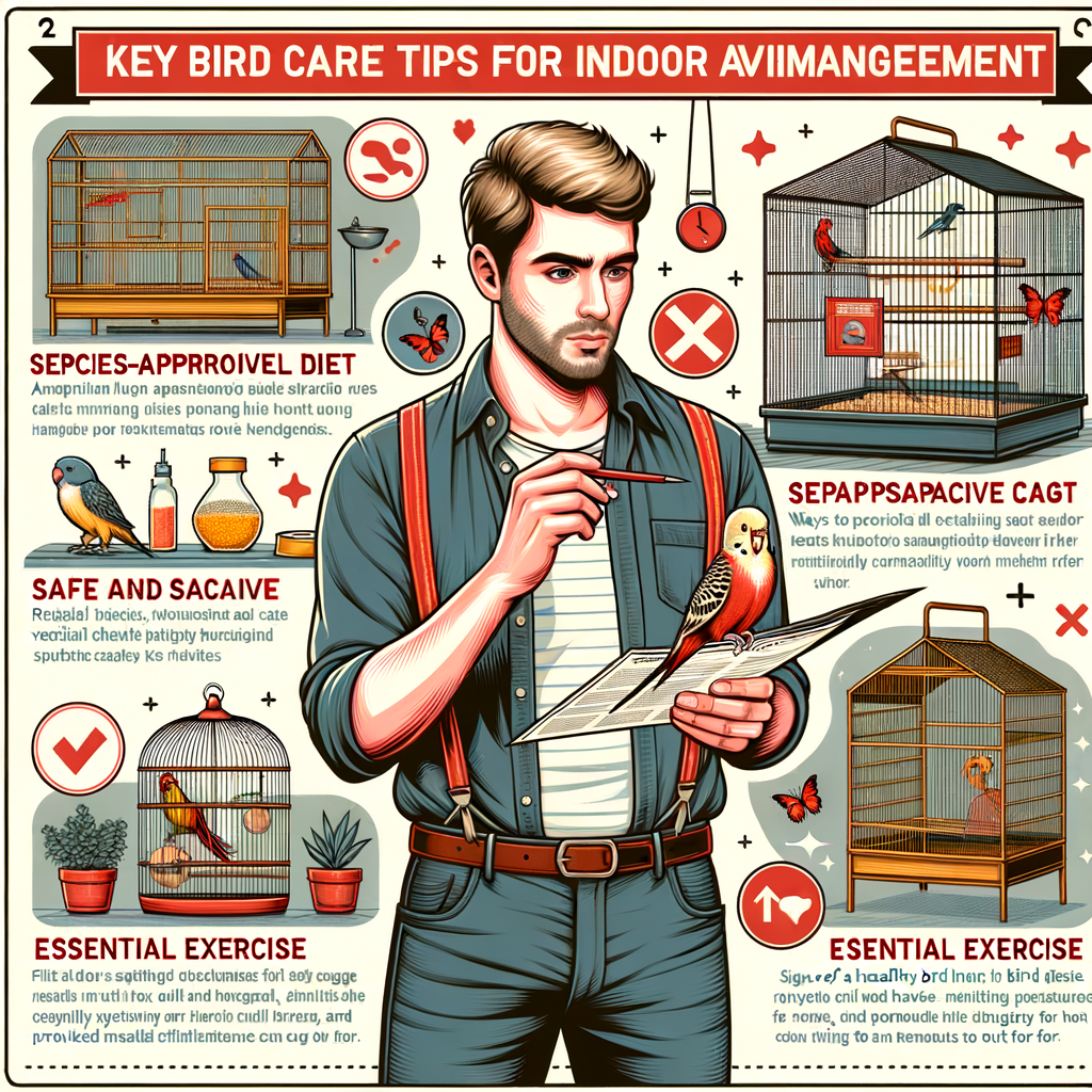 Indoor bird care infographic providing essential bird care tips and indoor bird maintenance guide for bird owners interested in indoor bird keeping