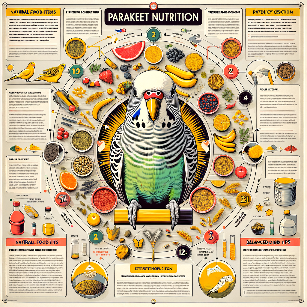 Infographic showing parakeet nutrition guide, best food for parakeets, healthy food choices, feeding tips, and dietary requirements for a balanced diet, highlighting the nutritional needs of parakeets.