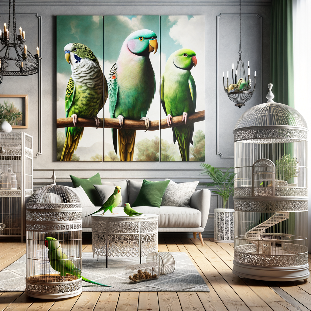 Vibrant green parakeets perched on a stylish birdcage, illustrating the benefits of adding parakeets to home decor and showcasing green parakeet care essentials for various species as pets.