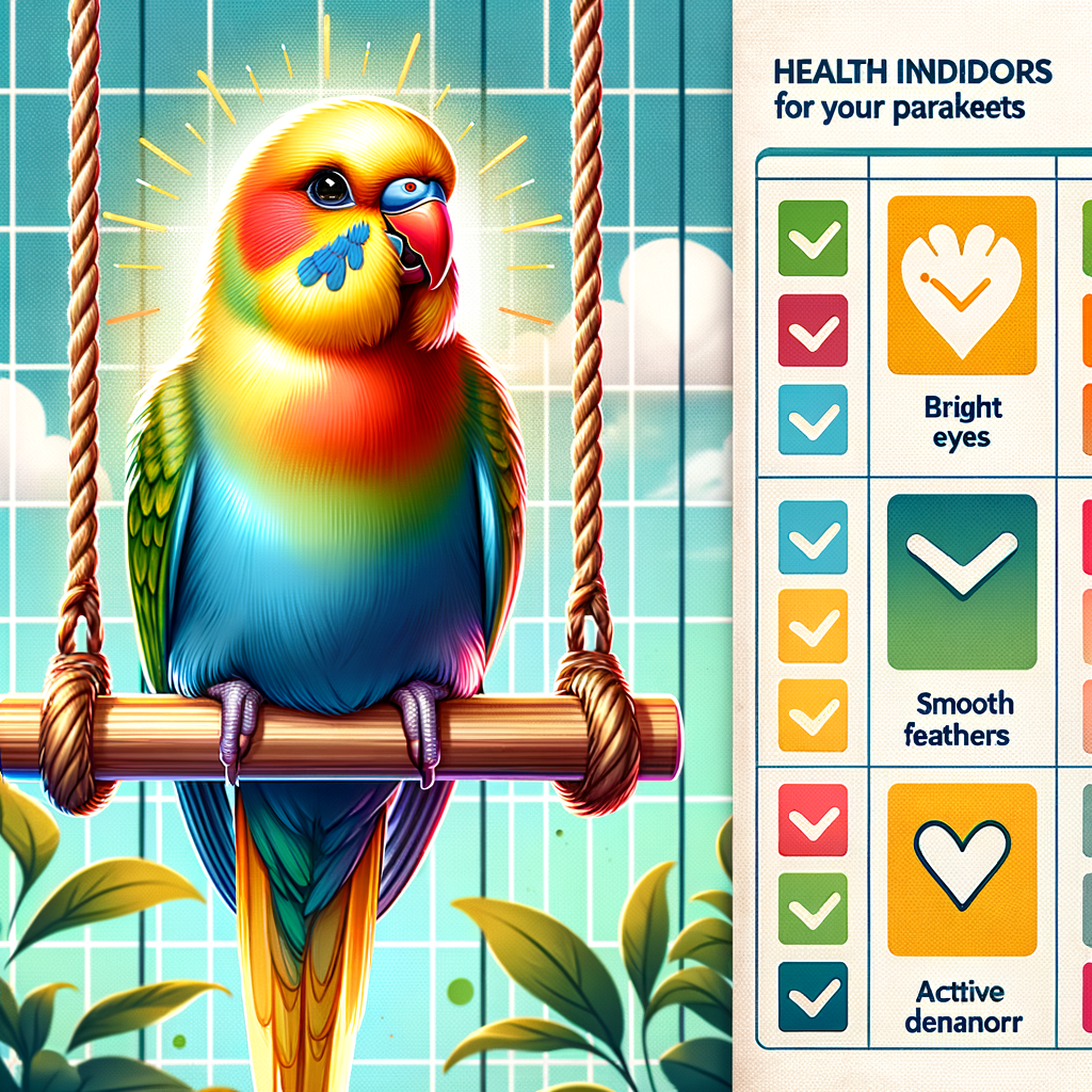 Cheerful parakeet demonstrating happy parakeet signs and parakeet health indicators on a swing, with a checklist of well parakeet symptoms and bird wellness signs for understanding parakeet behavior.