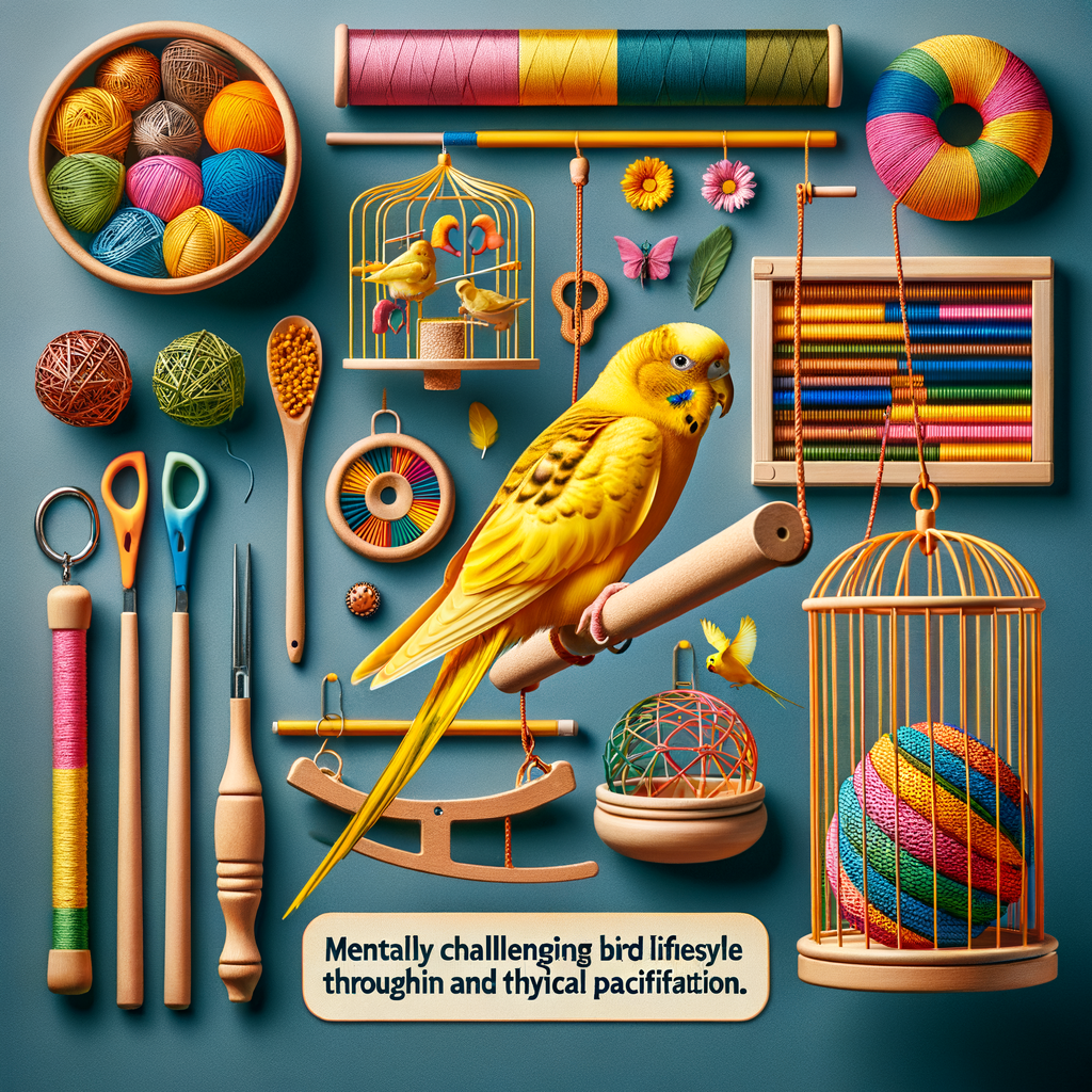 Canary stimulation and enrichment activities featuring colorful bird toys, a pet bird maze, and a canary on a swing, providing canary care tips for improving canary lifestyle through mental and physical stimulation.