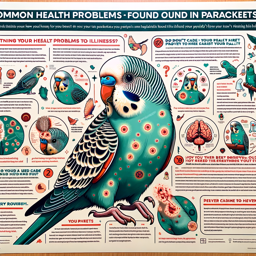 Infographic illustrating common parakeet health problems and prevention tips, providing a comprehensive parakeet care guide and emphasizing key aspects of parakeet disease prevention and health care.