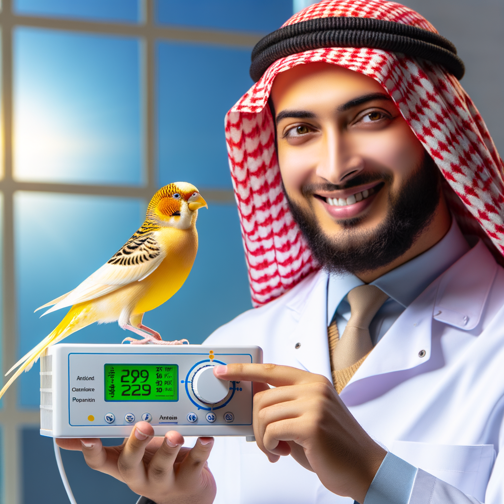 Professional bird care expert adjusting digital climate control for optimal canary temperature and humidity, demonstrating effective canary care and temperature regulation tips.