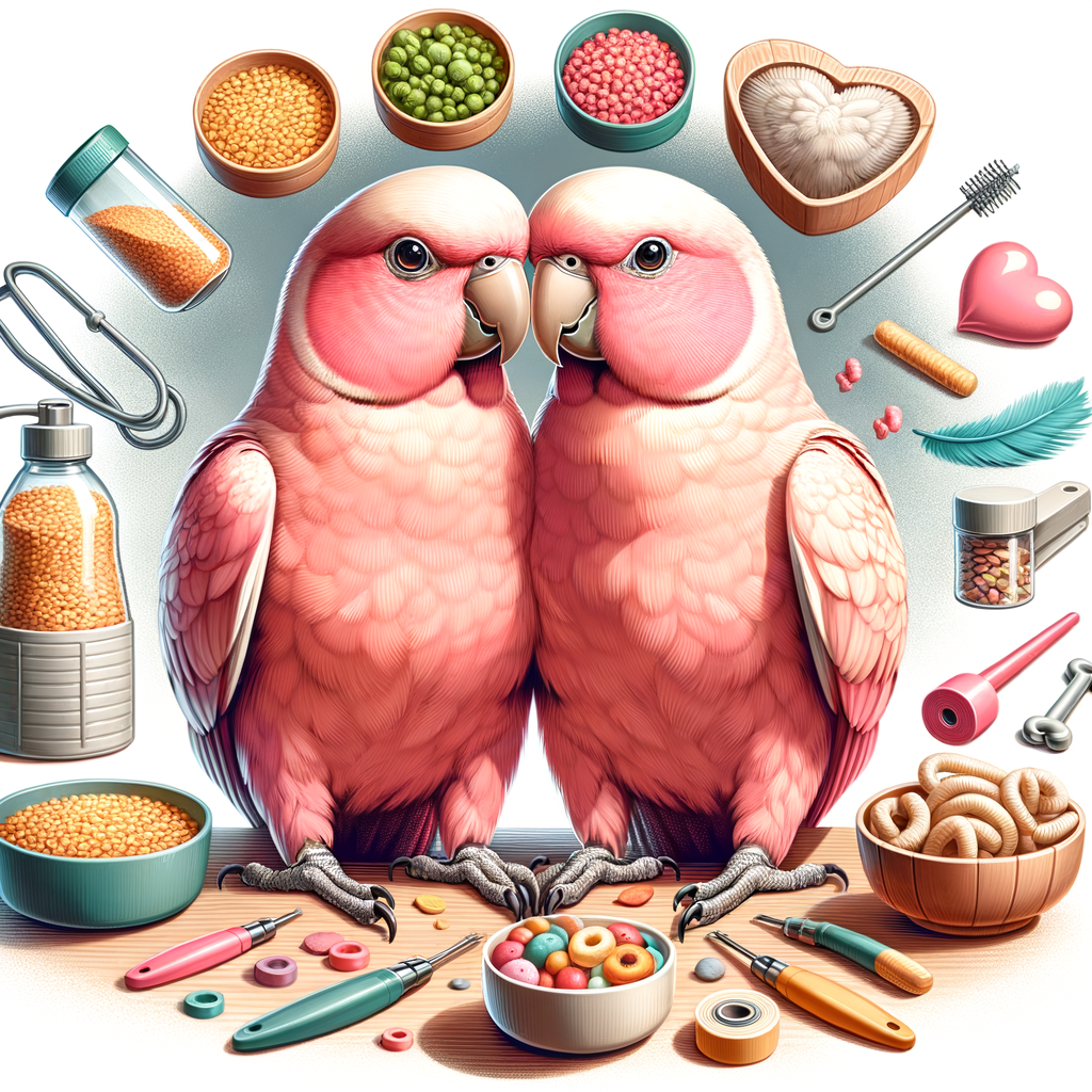 Charming companionship of pink parakeets in their well-maintained habitat, demonstrating parakeet care, diet, training, typical behavior, health care, and breeding.