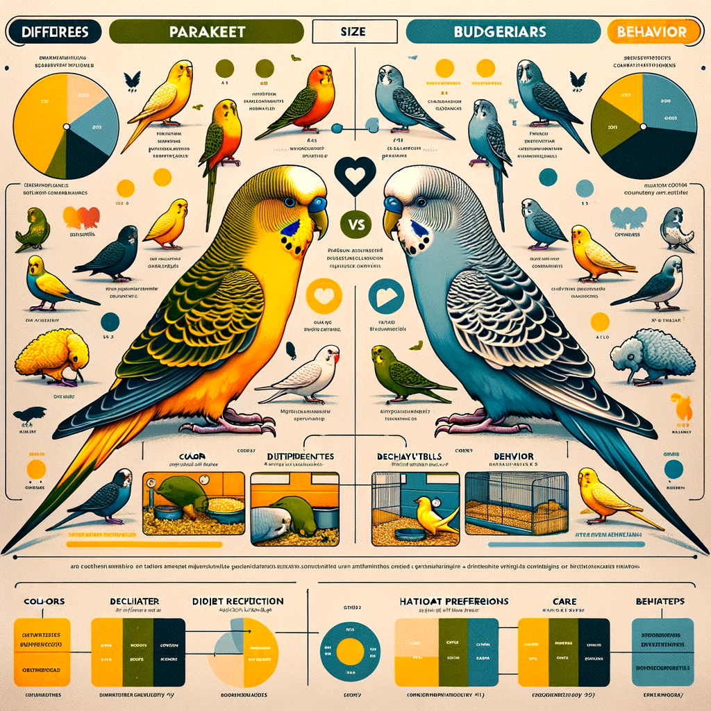 Infographic illustrating Parakeet vs Budgerigar comparison, highlighting key differences in Parakeet characteristics and Budgerigar traits, including color, size, behavior, and care needs for a comprehensive understanding of these bird species.