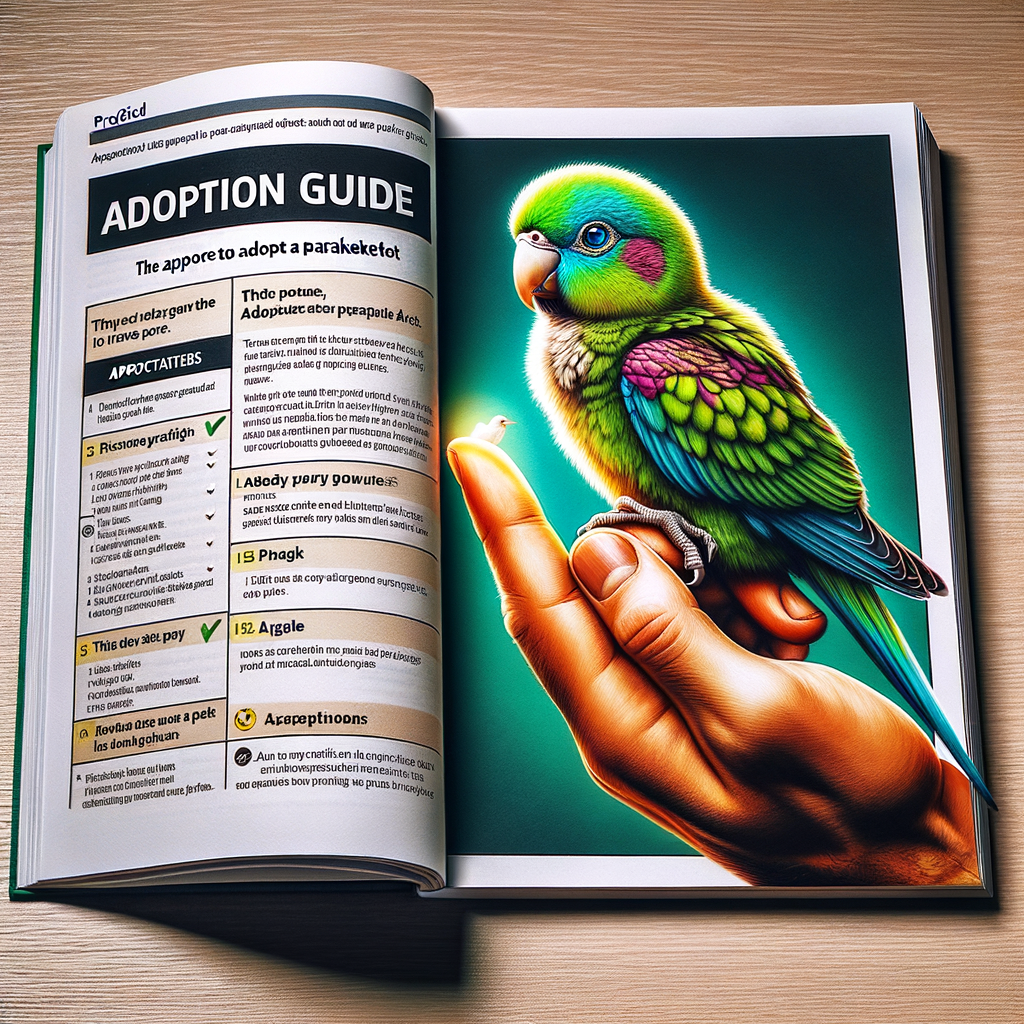 Parakeet Adoption Guide open to a page about the right age for adopting a parakeet, featuring a healthy young parakeet perched on a finger, symbolizing pet bird adoption and parakeet care.