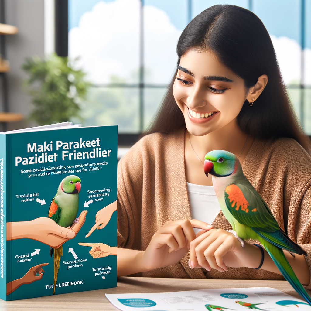 Professional bird trainer demonstrating parakeet socialization and friendly bird tips, showcasing parakeet behavior and care for making your parakeet friendly, with a guidebook on training your parakeet and socializing pet birds.