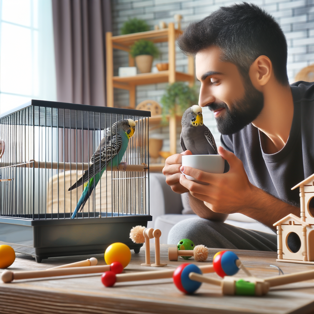 Parakeet owner enjoying free time with parakeet outside cage, demonstrating when to let parakeet out for safe playtime and exercise, promoting proper parakeet care and fun activities.