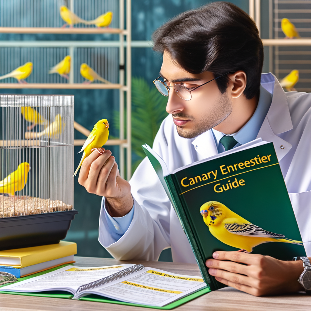 Expert Canary Breeder attentively examining a yellow canary, with 'Canary Enthusiast Guide' and 'Canary Breeder Selection' checklist visible, illustrating tips for finding the perfect Canary Breeder.