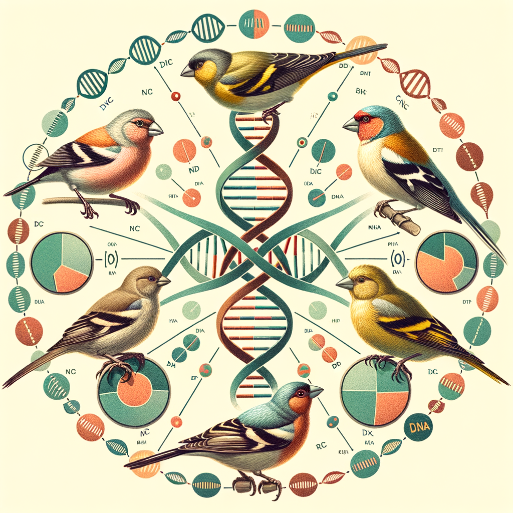 Professional illustration of Finch genetic variation, showcasing different Finch morphs and elements of genetic research, emphasizing the connection between Finch genetics and morphology for an introduction to Finch morphs.